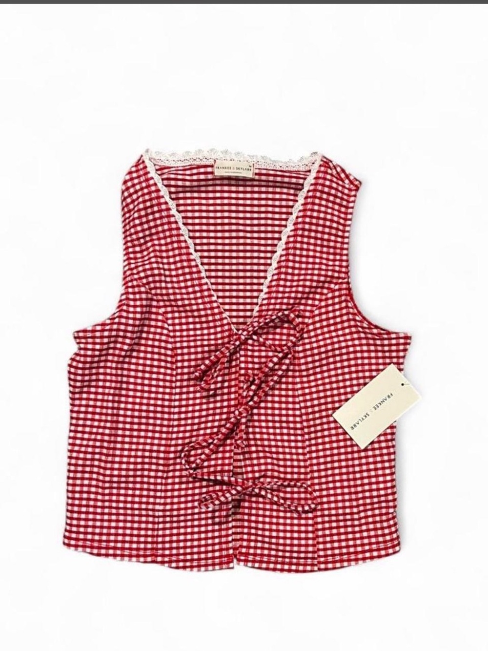 Red Gingham Lace-Trim Tie-Front Camisole